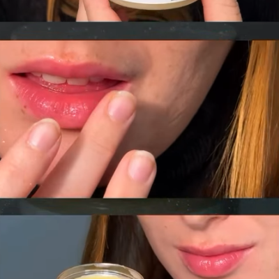 frasco de bálsamo amarelo, mulher segurando e aplicando nos lábios