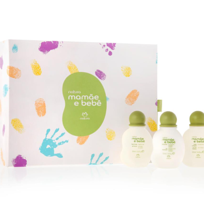 Conjunto Natura Mamãe e Bebê com três frascos brancos e caixa decorada