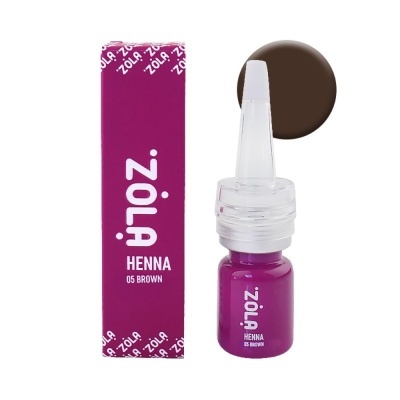 Produto ZOLA Henna 05 Brown embalagem e frasco roxos com tampa branca e círculo castanho