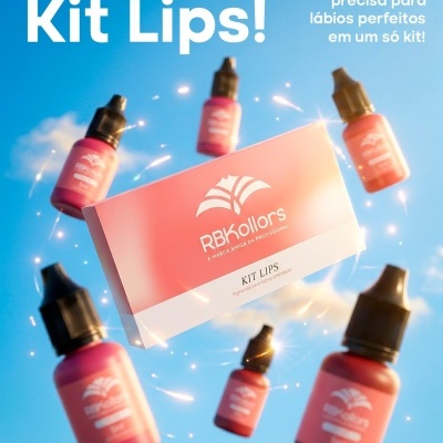 Kit Lips da RBKollors com frascos de pigmentos rosas sobre céu azul.