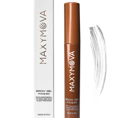 Gel para sobrancelhas MAXYMOVA com embalagem branca e tubo castanho