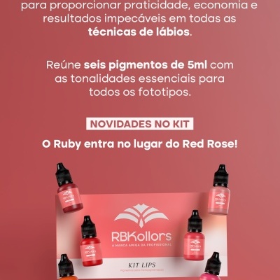Seis frascos de pigmentos para lábios RBKollors em vários tons de vermelho ao redor de uma caixa KIT LIPS com fundo vermelho.