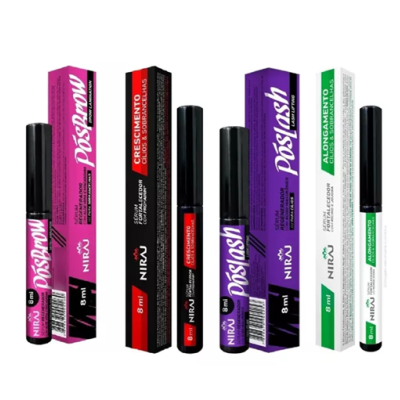 Frascos de cosméticos com aplicadores e caixas coloridas com textos POSPLASH, CRESCIMENTO, ALINHAMENTO e NIRU.