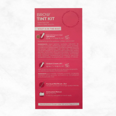 Embalagem vermelha de kit de tintura para sobrancelhas com texto explicativo e lista de ingredientes