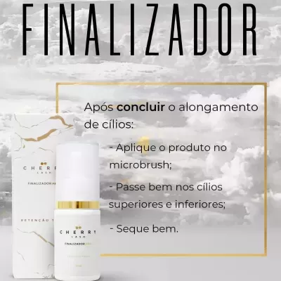 Frasco branco do FINALIZADOR CHERRY com tampa branca e dourado ao lado da caixa em fundo marmoreado