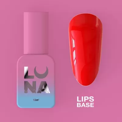 Esmalte de unhas rosa e azul com amostra vermelha e texto LUNA e LIPS BASE