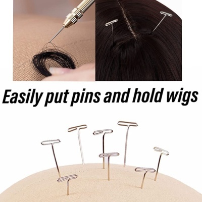 agulhas metálicas para fixar perucas com cabelo escuro e texto explicativo