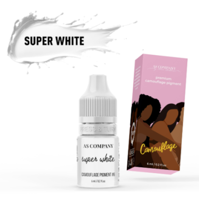 Frasco branco de pigmento com embalagem rosa e texto Super White