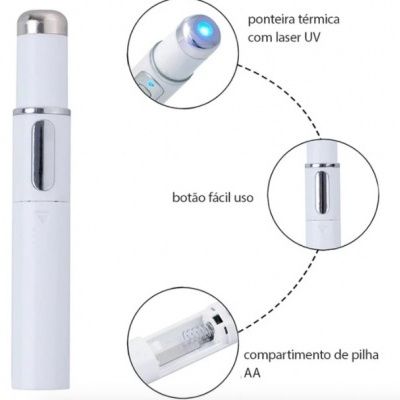 Dispositivo cilíndrico branco com detalhes metálicos e luz azul