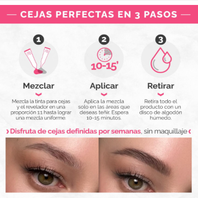 Instruções para sobrancelhas perfeitas em 3 passos com imagens de olhos e sobrancelhas definidas