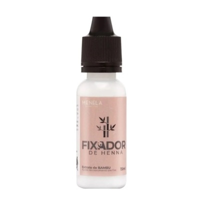 Frasco de fixador de henna com rótulo rosa e tampa preta
