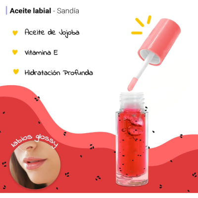 Frasco de óleo labial vermelho com aplicador e desenho de sandía
