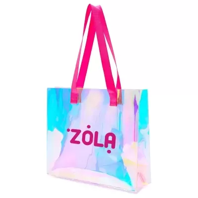 Mala de compras iridescente com alças cor-de-rosa e texto ZÖLA vermelho.
