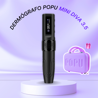 Dispositivo preto com visor digital e mala lilás com relevo POPU