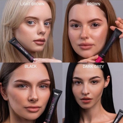 Quatro modelos mostrando diferentes tons de tinta para sobrancelhas com embalagens pretas e texto colorido