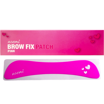Embalagem rosa com patch para sobrancelhas rosa fluorescente e corações brancos
