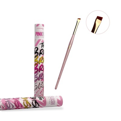 Pincel de maquilhagem rosa com embalagem cilíndrica branca com texto colorido