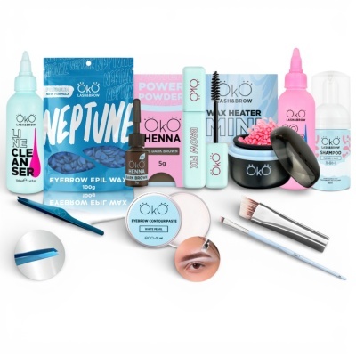 Conjunto de produtos para sobrancelhas ÖKO Lash&Brow com várias embalagens coloridas e acessórios de beleza
