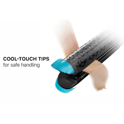 Ferro alisador preto com pontas azuis e texto sobre toque frio