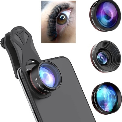 Lente de câmera externa com três lentes intercambiáveis e telemóvel preto