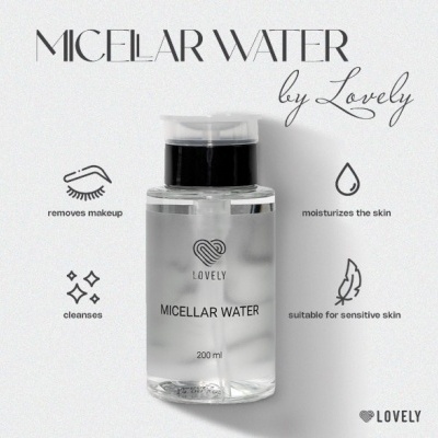 Frasco de água micelar Lovely 200 ml com tampa preta e rótulo simples sobre fundo cinza claro