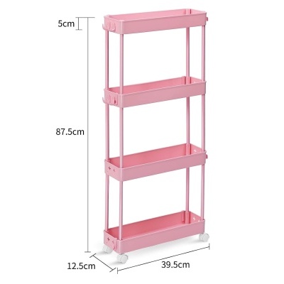 Estante de quatro níveis cor de rosa com rodas brancas e medidas indicadas.