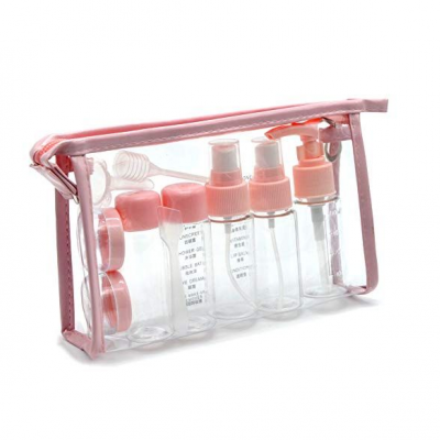 Conjunto de frascos de viagem transparentes em bolsa plástica rosa