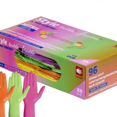 Caixa colorida de luvas nitrílicas descartáveis com várias cores visíveis