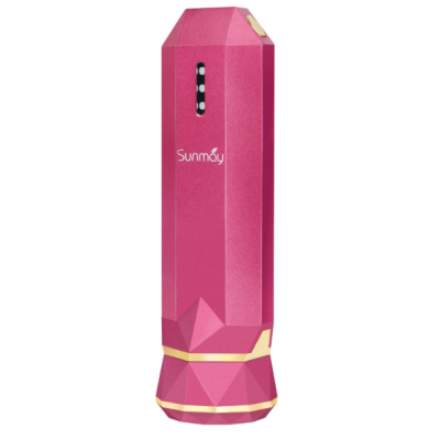 Dispositivo rosa metálico com detalhes dourados e inscrição Sunmáy.