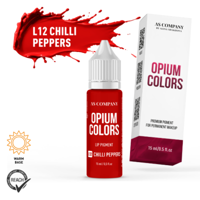 Pigmento labial Opium Colors L12 Chilli Peppers num frasco vermelho e caixa branca.