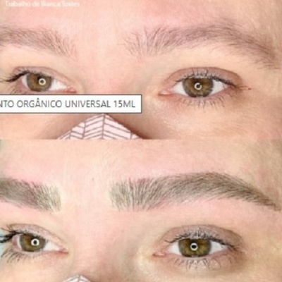 Antes e depois de sobrancelhas com legenda 'TRATAMENTO ORGÂNICO UNIVERSAL 15ML'