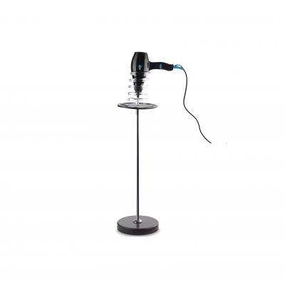 Secador de cabelo preto num suporte metálico com base circular e espiral para pendurar