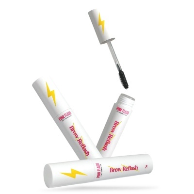 Três tubos de Brow Reflash da Pink Flash com aplicador aberto exibindo cerdas pretas
