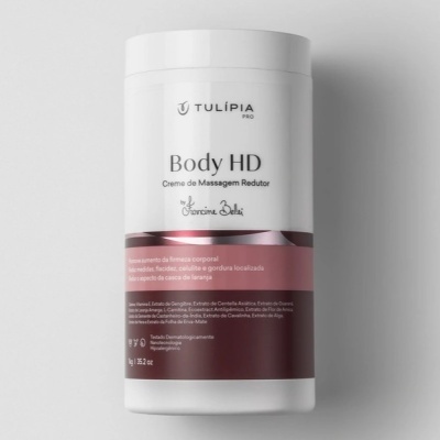 Frasco branco com rótulo castanho do creme de massagem redutor Body HD da Tulípia Pro