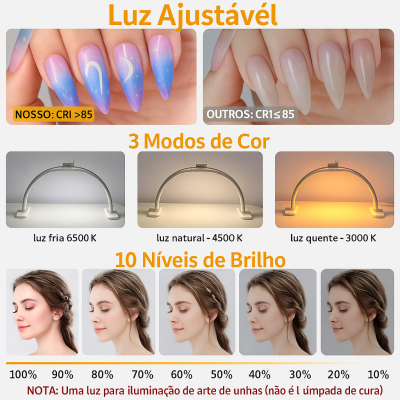 Luz ajustável para arte de unhas com modos de cor e níveis de brilho