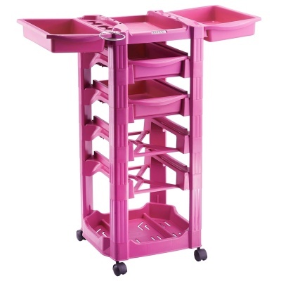 Carrinho organizador em plástico rosa com várias bandejas e rodas