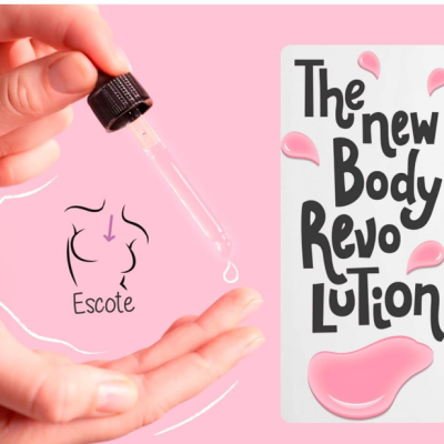 Mãos segurando conta-gotas com líquido transparente junto a texto 'The new Body RevoLution' em fundo rosa