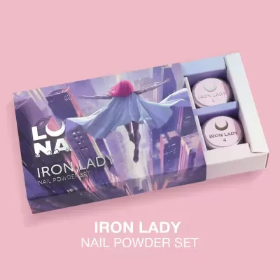Conjunto de pó para unhas IRON LADY da LUNA com embalagem ilustrada e dois recipientes numerados