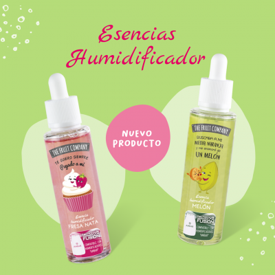 Dois frascos de essências para humidificador com aromas Fresa Nata e Melón sobre fundo verde com texto