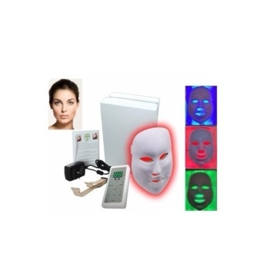 Máscara facial LED branca com controle remoto e adaptador, luzes LED coloridas azul, vermelho e verde
