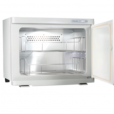 Forno compacto branco com porta aberta e prateleiras metálicas