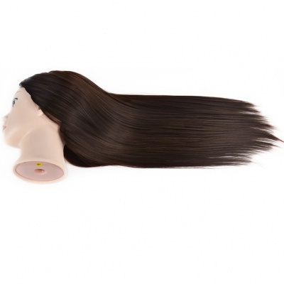 Cabeça de manequim com cabelo castanho escuro liso