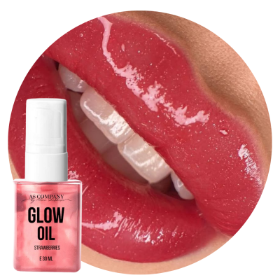 Frasco de óleo labial cor-de-rosa ao lado de lábios vermelhos brilhantes em close-up