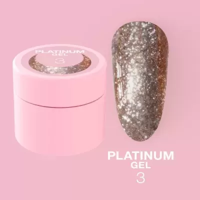 Frasco rosa de gel para unhas com rótulo 'PLATINUM GEL 3' e unha pintada de gel prateado glitter