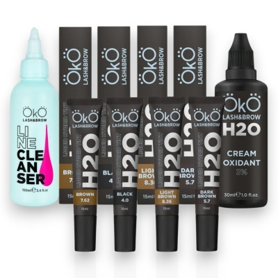 Produtos cosméticos ÖKO LASH&BROW com tubos de tinta e frascos de limpador e oxidante