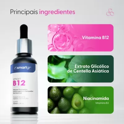 Frasco de sérum B12 com conta-gotas e lista de ingredientes principais em caixas coloridas