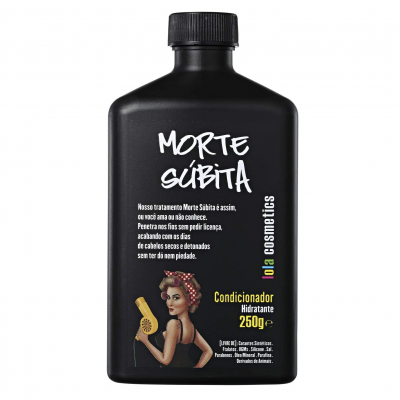 Frasco preto de condicionador hidratante Morte Súbita com ilustração e texto colorido