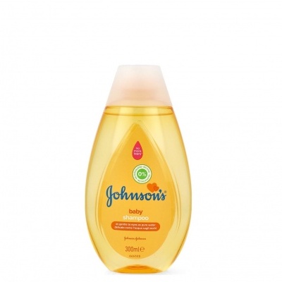 Frasco de champô Johnson's baby, amarelo translúcido com rótulo frontal