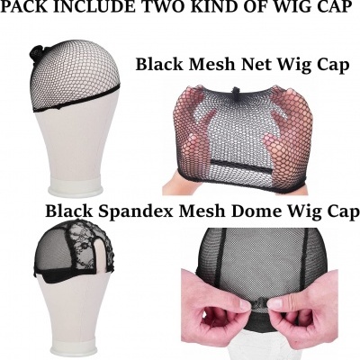 Imagem de duas toucas para peruca pretas em manequim, com texto explicativo em inglês