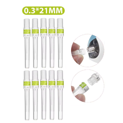 Conjunto de doze tubos transparentes com tampas brancas e etiquetas verdes, mostrando medidas 0.3*21MM.